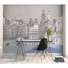 a dining room with a table and chairs in front of a cityscape wall mural