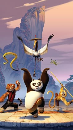 the animated panda and other animals are dancing