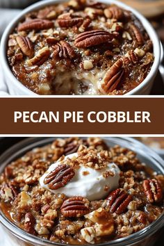 pecan pie cobbler in a bowl with whipped cream and pecans on top