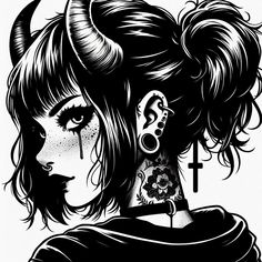 a black and white drawing of a woman with horns on her head holding a cross