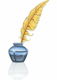 a blue vase with a golden feather on it's tip and a white background