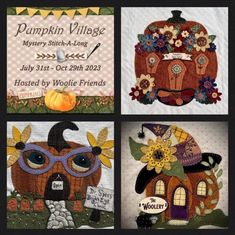 four quilted pictures with pumpkins, houses and other things on them for halloween