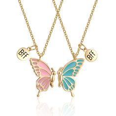 PRICES MAY VARY. 【Preppy Necklace】The preppy style butterfly necklace can be separated for 2 people to wear, and when combined, it is a butterfly with wings spread, symbolizes freedom, beauty and renewal. Which will bring you good wishes. 【Premium Material】The friendship necklace is made of high quality brass plated real 14k gold, nickel and lead-Free, hypoallergenic. The pink and blue color is through enamel craft, bright and not easy to fade. Matching any outfit, suitable for daily wear. 【Size Cute Friendship Necklaces, Bff Necklaces For 2, Preppy Necklace, Clothes Butterfly, Long Distance Birthday Gifts, Preppy Necklaces, Bff Necklace, Butterfly Necklace Gold, Friendship Necklace