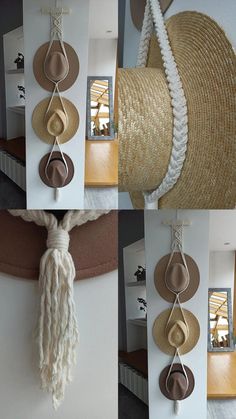 several hats hanging on the wall in different ways