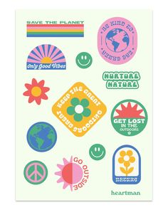 the sticker sheet has many different symbols on it, including flowers and sunbursts