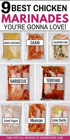 Text reads 9 Best Chicken Marinades You're Gonna Love! Chicken Marinade Teriyaki, Chicken Marinade Greek, Cajun Chicken Marinade, Best Chicken Marinades, Mustard Chicken Marinade, Quick Chicken Marinade, Lime Chicken Marinade