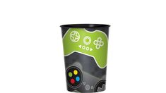 a cup with a video game controller on the front and side, sitting in front of a white background