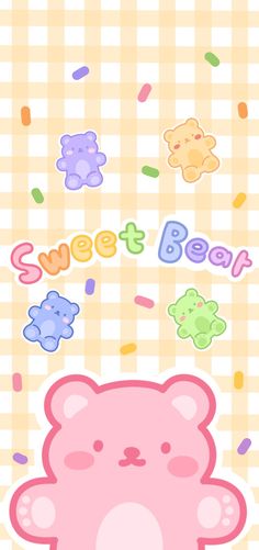 a pink teddy bear sitting on top of a checkered tablecloth with the words sweet beat above it