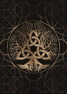 the tree of life is shown in gold on black paper with an intricate celtic design