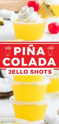 pina colada jello shots with pineapples and cherries in the background