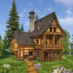 Minecraft House Exterior Design, Minecraft Houses Hillside, Rustic Houses Minecraft, Village Minecraft Builds, Minecraft House Details, Dark Oak And Birch Minecraft House, Minecraft Build Designs, Spruce Farmhouse Minecraft, Cliffside Village Minecraft