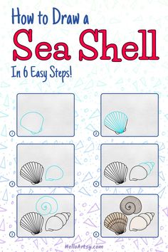 Step by step images demonstrating how to draw a sea shell drawing - A Drawing Lesson for Beginners! Classroom Ocean Theme, Sea Shell Drawing, How To Draw Fish, Fish For Kids, Drawing Art Projects, Draw Sea, Shell Drawing