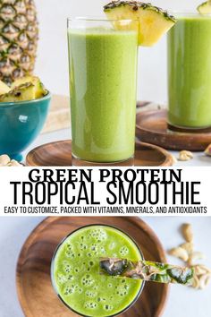 green protein tropical smoothie recipe with pineapple and bananas on the side in two glasses