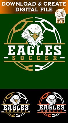 the eagles logo is shown in three different colors and font styles, including an eagle's head