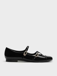 Black Boxed Double-Strap T-Bar Mary Janes Chic Patent Leather Mary Janes With Buckle Closure, Classic Black Patent Leather Mary Janes, Modern Black Mary Janes For Work, Modern Black Mary Janes With Buckle Closure, Faux Leather Heels, Size Chart For Kids, Charles Keith, Low Block Heels, Mary Jane Flats