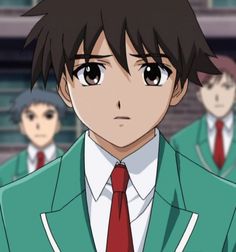 an anime character wearing a suit and tie with other people in the background behind him