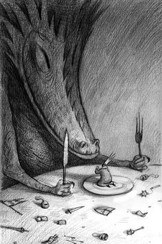 a drawing of a dragon blowing out the candles on a table with other items around it