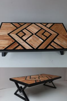 a table made out of wood with geometric designs on the top and bottom, along with a matching coffee table