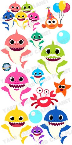 an assortment of cartoon shark stickers in different colors and sizes, including one with big eyes