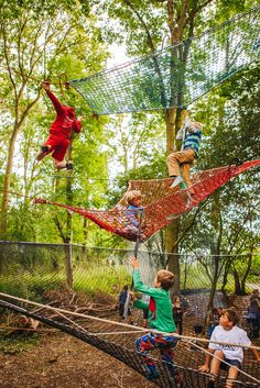 children are playing in an obstacle course with ropes and netting on the ground while others watch