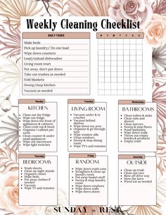 the weekly cleaning checklist is shown with flowers and pinks on it, as well as