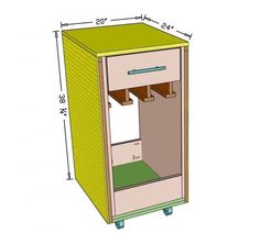 a drawing of a small cabinet with drawers on the front and bottom shelves in different colors