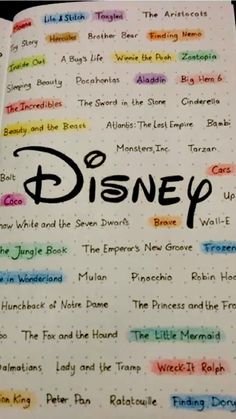 an open disney book with the words written in different colors and font on it's cover