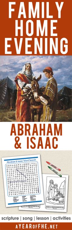 the book cover for family home evening abraham and isaac