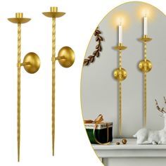 two gold candles are next to a white mantle with deer figurines on it