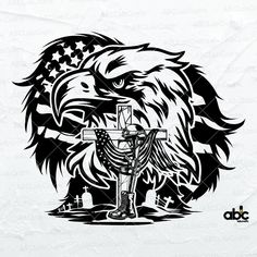 an eagle holding a cross with the american flag on it's chest, in front of