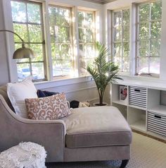 a living room filled with furniture and windows next to a table topped with a potted plant