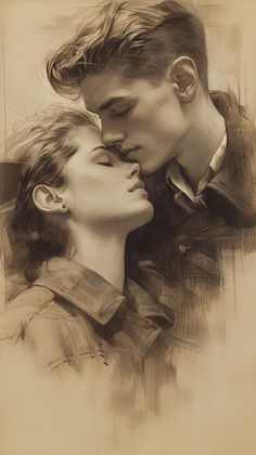 a drawing of two people kissing and one is holding the other's face to his chest