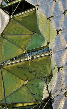 green and white umbrellas hanging from the side of a building with trees in front of it