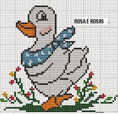 a cross stitch pattern with a duck and flowers