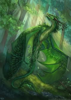 a green dragon sitting on top of a lush green forest