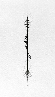 a black and white drawing of a tall pole with trees on it's side