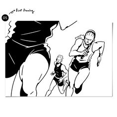 a black and white drawing of a man running next to a woman in swimsuits