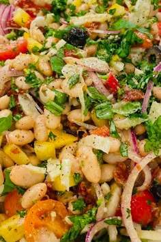 a salad with beans, tomatoes, onions and herbs