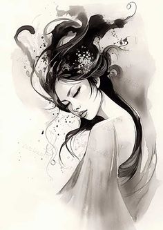 a black and white drawing of a woman with her hair blowing in the wind,