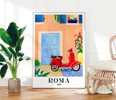 a red scooter is parked in front of a door with the word roma on it