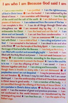 an open book with words written in different colors and font on the page, which reads i am who i am because god said i am