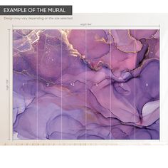 an abstract painting with purple and gold colors is shown in the middle of this poster