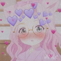 a drawing of a girl wearing glasses with hearts on her head and in the background