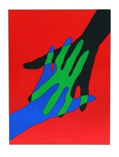 two hands touching each other on a red and blue background