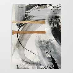 an abstract painting with black, white and gold paint strokes on the paper canvas print