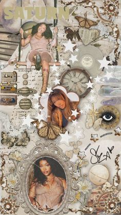 a collage with many different pictures and words on it, including an image of a woman's face