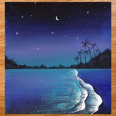 a painting of the ocean at night with stars in the sky and palm trees on the shore