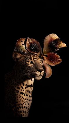 a leopard with flowers on its head