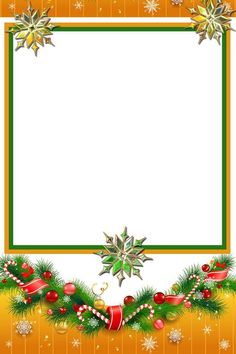 a christmas frame with holly and ornaments on an orange striped background, surrounded by snowflakes