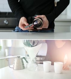 two photos one showing a person holding a camera and the other shows an hourglass